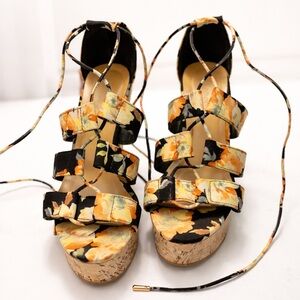 Bamboo Floral Lace-Up Cork Platform Sandals - Black & Yellow